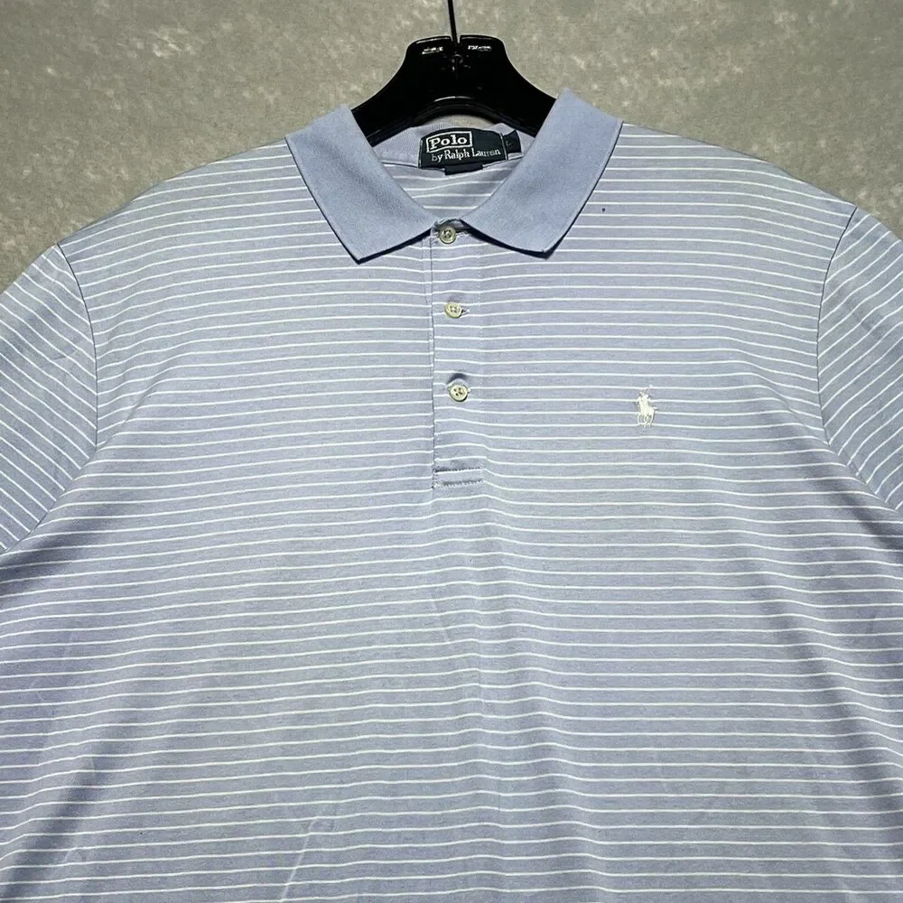 Polo Ralph Lauren Shirt Mens Large Blue Striped Short Sleeve Polo Soft Cotton - Picture 2 of 13